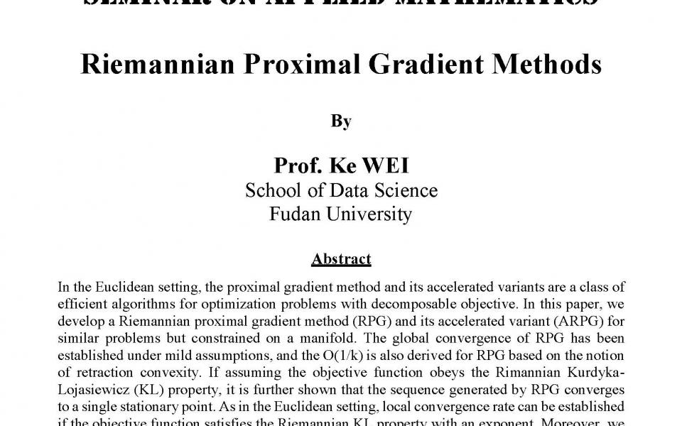 Department Of Mathematics Seminar On Applied Mathematics Riemannian